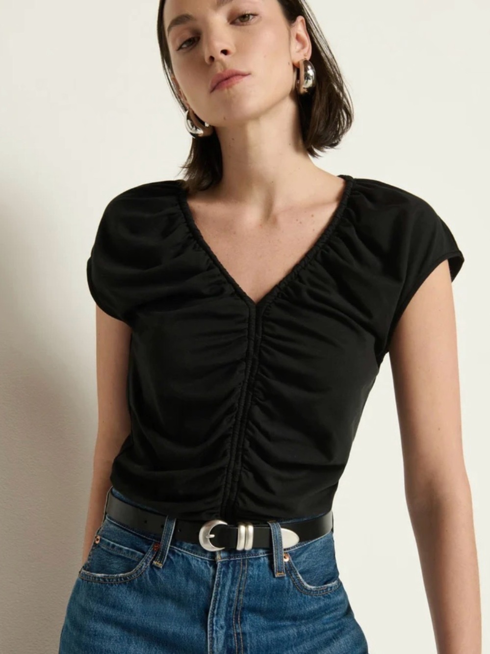 Nation LTD Dona V-Neck Top Black Ruched Short Cap Sleeve Sz XS